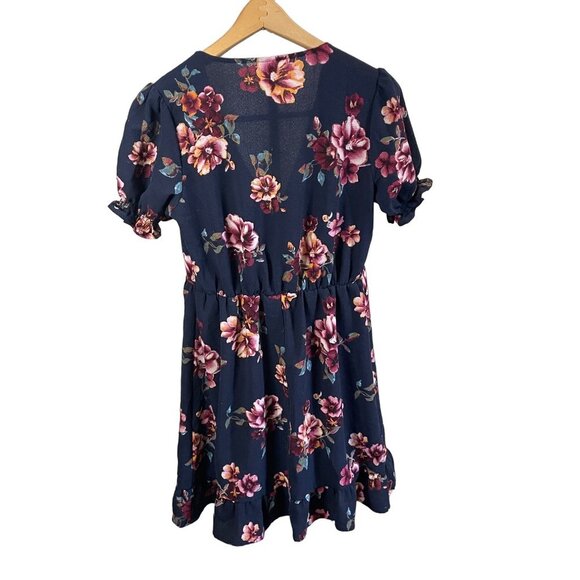 Xhilaration Navy Floral V Neck Faux Wrap Ruffle Hem Knee Length Dress Sz XS - Picture 2 of 11